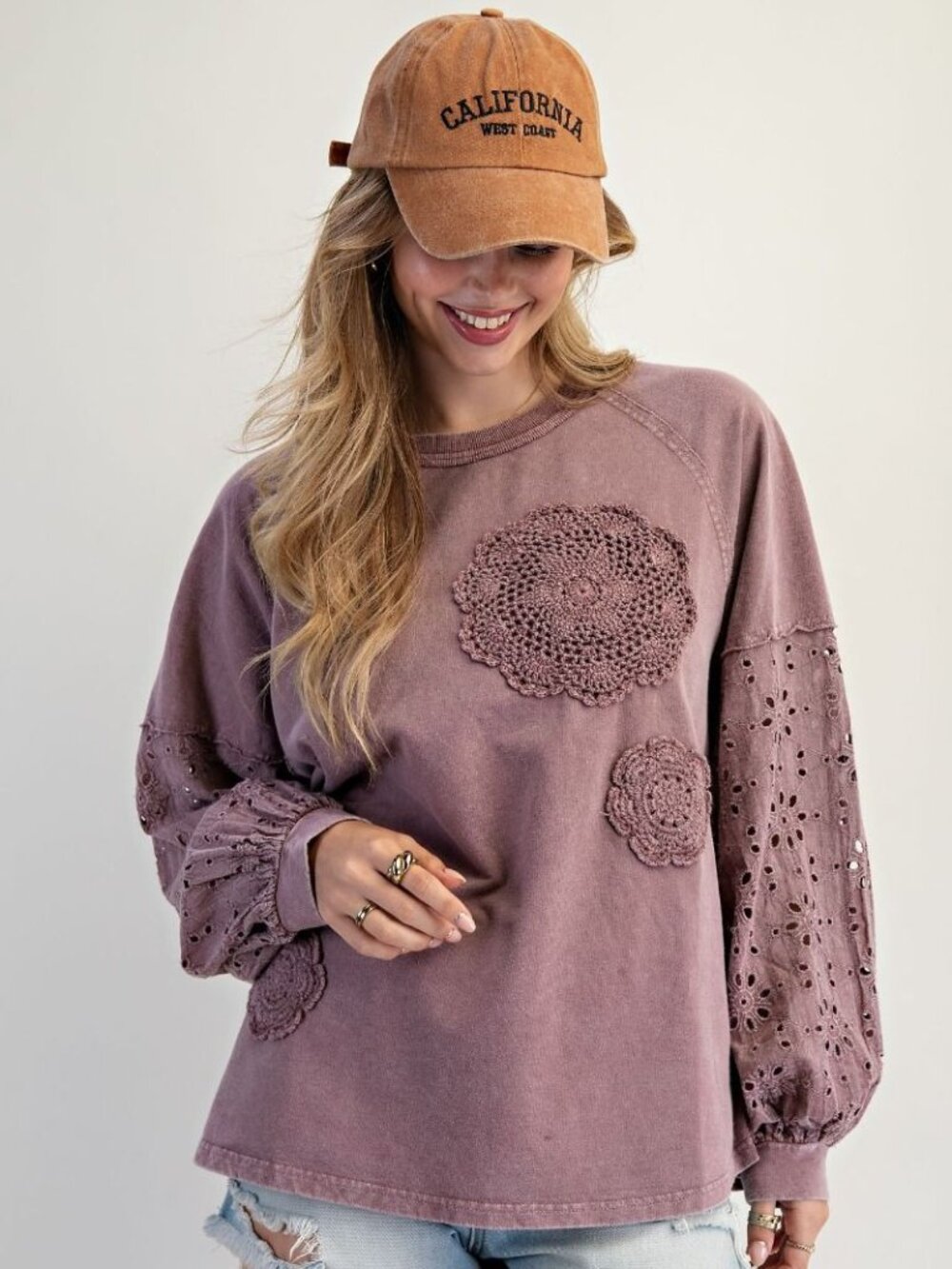 PLUS SIZE Easel Wine Color Washed Terry Pullover w/Eyelet Lace Design